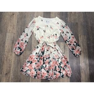 Premier Amour Floral Mini Dress Cream Pink Long Sleeve Wrap V-Neck PC781328 Sz 2